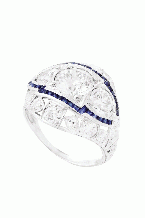 TIME PIECE: Deco-style platinum ring with diamonds (3.5 total cts.) accented with sapphires Joint Venture Estate Jewelers, $18,500