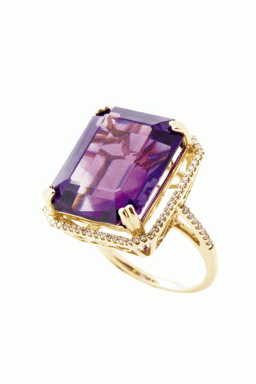 BLOCK PARTY: The Cecil Collection’s 14K gold ring with  16.07 ct. brilliant-cut amethyst accented with  pavé diamonds (.26 total cts.) Swoon, $2,100