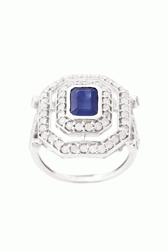 BLUE BLOOD:  Khanna Jewels Co.’s 14K white gold ring  with a 1.5 ct. emerald-cut sapphire center  surrounded by a double-halo of pavé  diamonds (1.05 total cts.) Swoon, $1,350