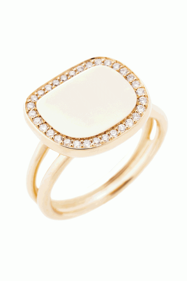 SLEEK FINISH:  18K rose gold ring with round-cut pavé diamonds (.19 total cts.) Roberto Coin, $2,200