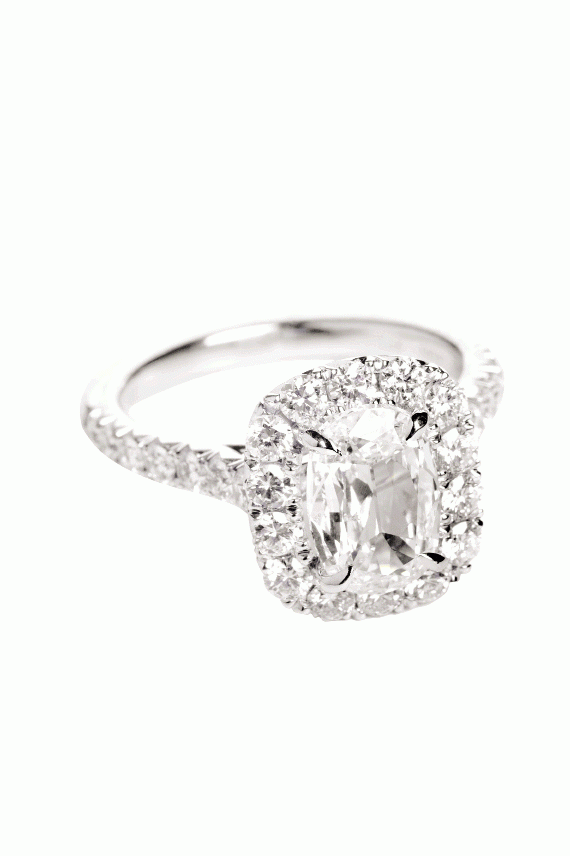 BRIGHT LIGHTS: 18K white gold ring with 1.53 ct. radiant-cut diamond accented with pavé diamonds (1.04 total cts.) Croghan’s Jewel Box, $17,025