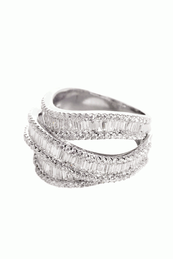 BAND TOGETHER: 18K  white gold ring with baguette  diamonds (1.6 total cts.) and round, brilliant-cut diamonds (1.08 total cts.) Kiawah Fine Jewelry, $7,950