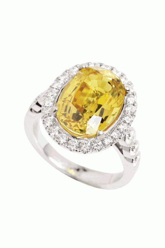 FIRE &amp; ICE: 14K white gold ring with 7.5 ct. oval-cut  yellow sapphire accented with diamonds (.87 total cts.) Skatell’s, price upon request