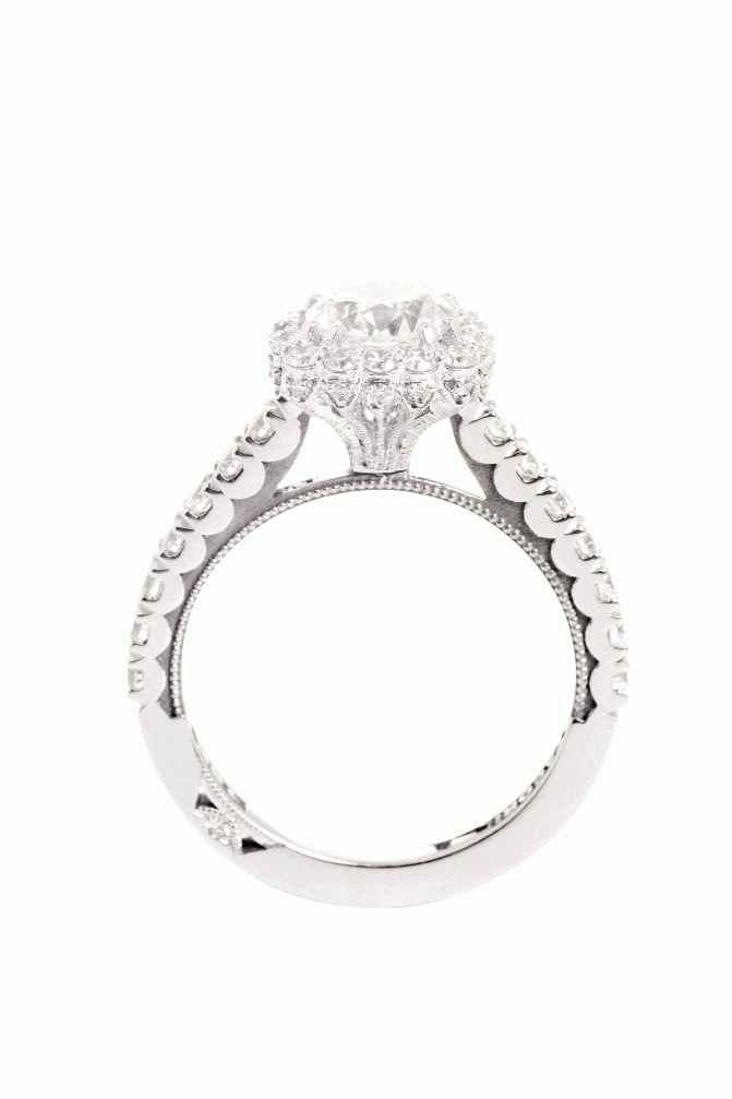 Crown Jewel: Tacori’s 18K white gold ring with 1 ct. cushion-cut diamond accented with diamonds.