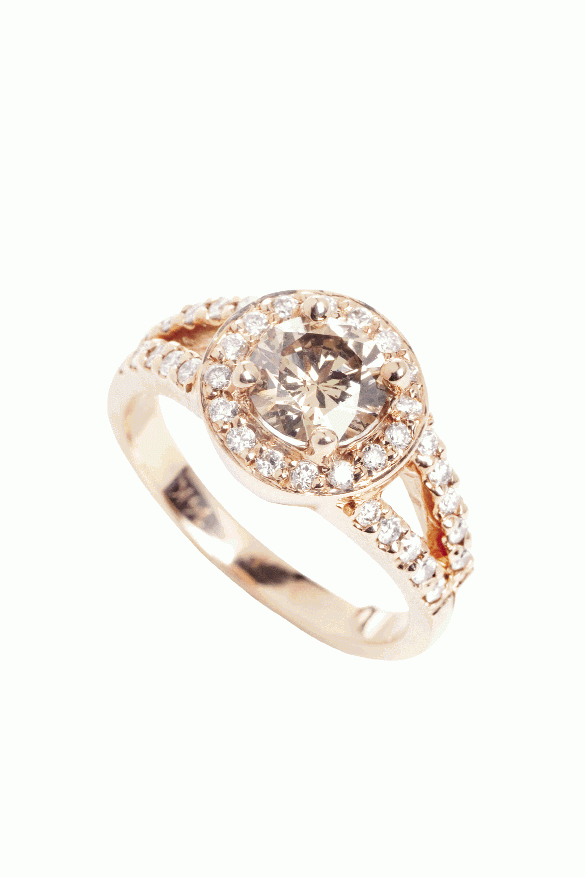 Rosy Complexion: 14K rose gold ring with  1.03 ct. round-cut cognac diamond accented with round diamonds.