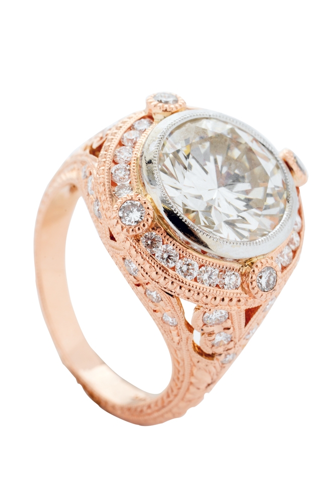 18K rose-gold ring with 4.01 ct. diamond center and accent diamonds (.77 total cts.) from Polly’s Fine Jewelry (price upon request)    &lt;i&gt;Photograph by Christopher Shane&lt;/i&gt;