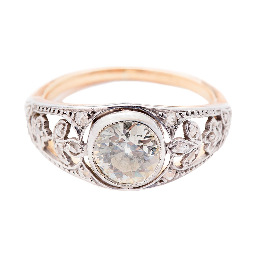 14K white gold estate  ring with 1.01 ct. old-mine cut diamond center from Croghan’s Jewel  Box ($5,750)