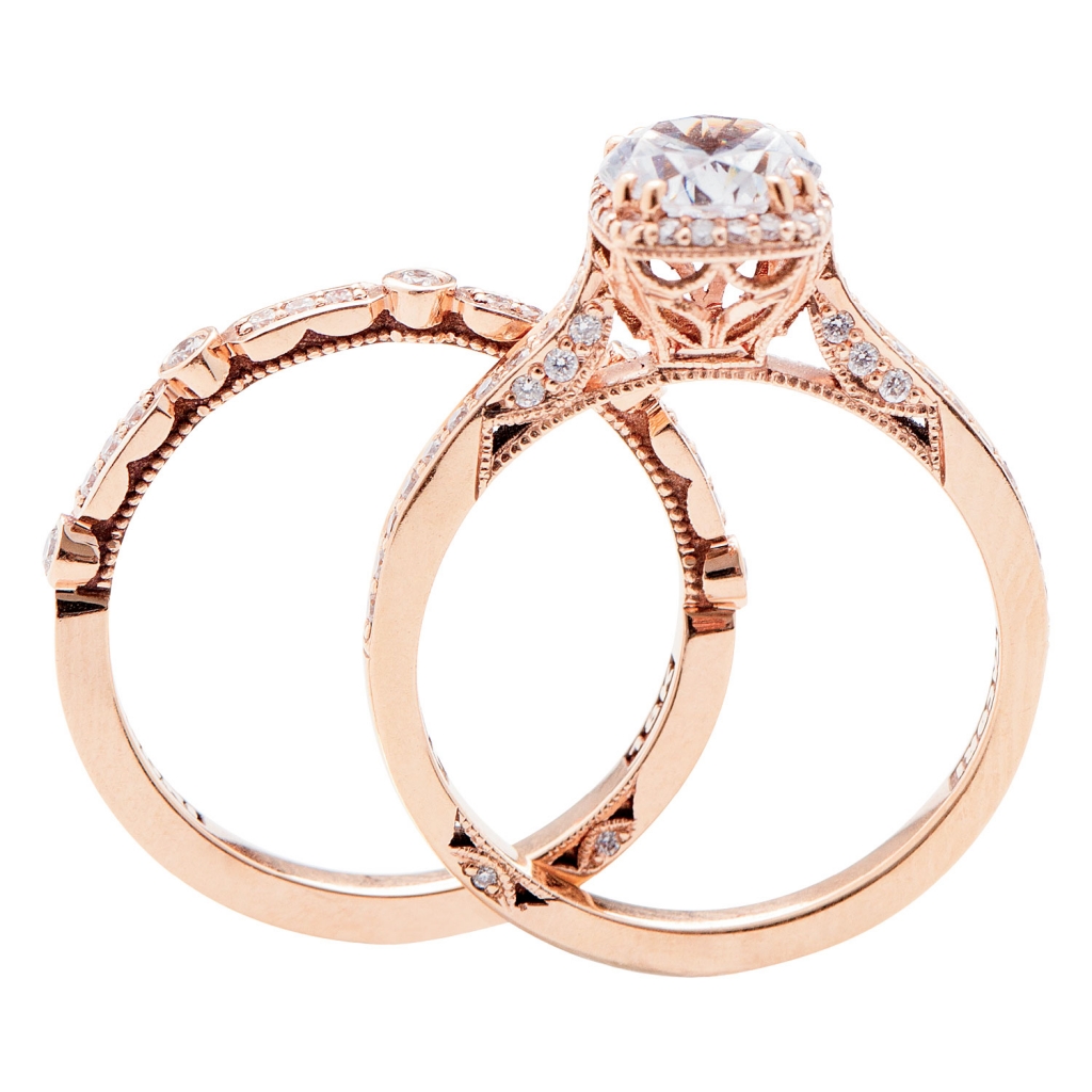Dantela Collection by Tacori’s 18K rose gold ring with diamonds (.25 total cts.; setting only) and matching band with diamonds (.15 total cts.), both from Diamonds Direct (prices upon request)