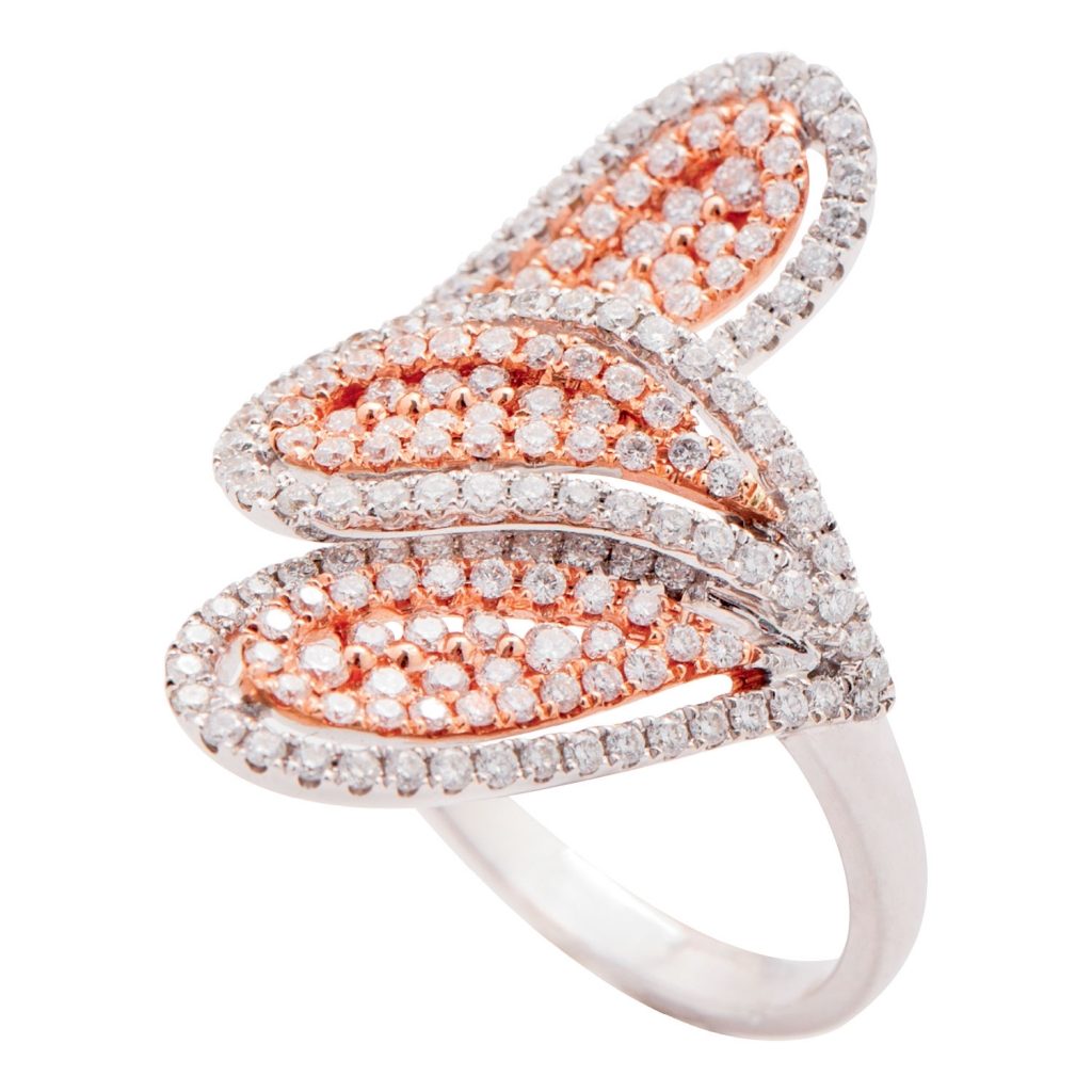 18K white and rose gold ring with three petals of white diamonds from Kiawah Fine Jewelry (price upon request)
