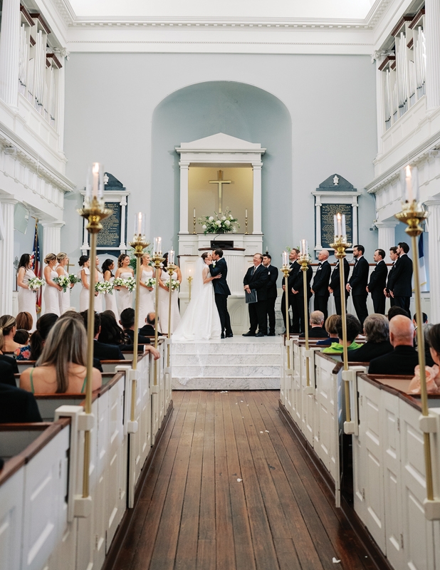 The nuptials were held inside the circa-1682 First Baptist Church.