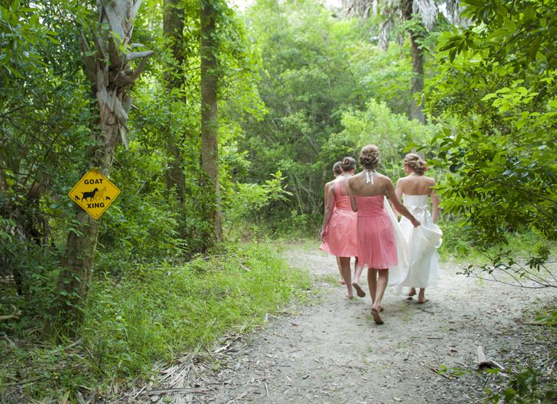Bridal Gown by Augusta Jones from Gown Boutique of Charleston. Bridesmaid attire from David’s Bridal. Hair styling by Article 5 Hair Salon. Image by Reese Allen Photography at Goat Island Gatherings.
