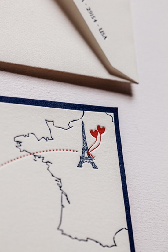 BEYOND THE SEA: The letterpress stationery suite featured an homage to both Paris and Charleston.