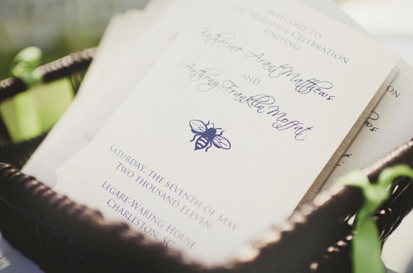 CRAFTY THINKING: Katharine printed programs herself, using natural paper and the wedding’s ever-present bee motif.