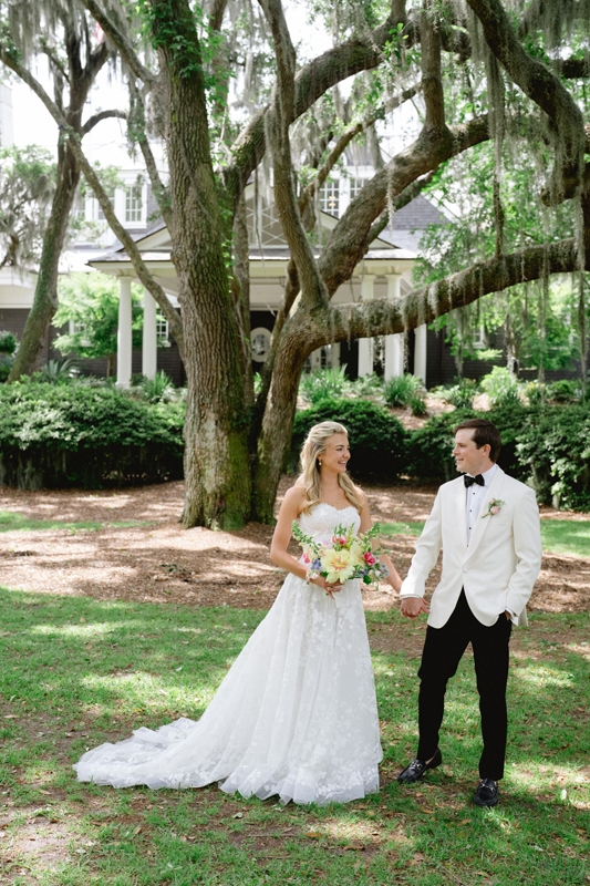 (Clockwise from top) The bride wore a traditional wedding gown with a chapel train and embroidered floral detailing, custom made by Atlanta designer BW Designs;the groom sported a white dinner jacket, patent leather loafers, and a feather bow tie by Brackish.