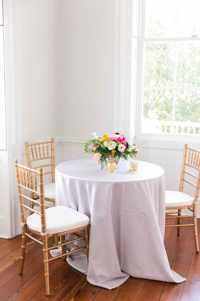 Tables and chairs from EventHaus. Florals by Branch Design Studio. Linens from BBJ Linen. Florals by Branch Design Studio. Photograph by Dana Cubbage Weddings at the Gadsden House.