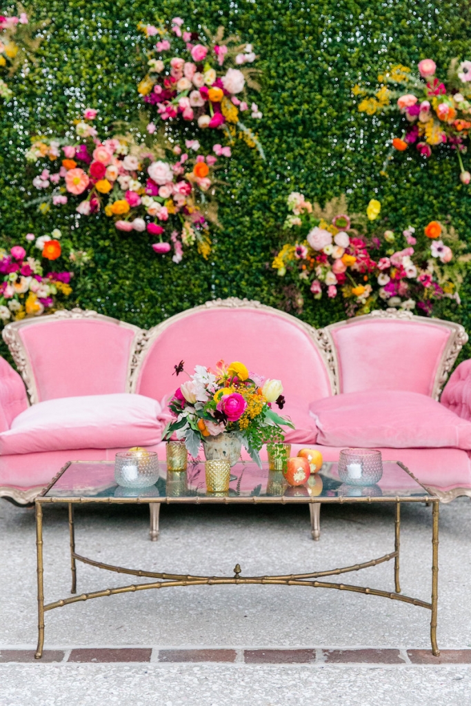 Wedding design by ELM Events. Vintage lounge furniture from 428 Main Vintage Rentals. Florals by Branch Design Studio. Photograph by Dana Cubbage Weddings at the Gadsden House.