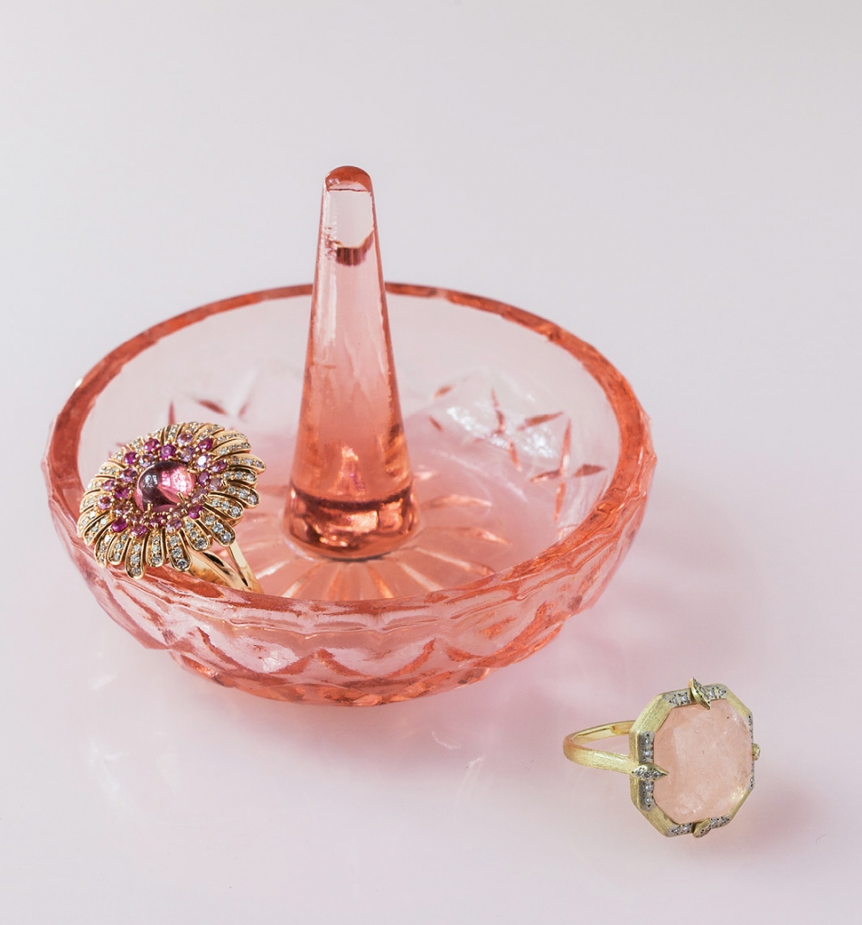 Pink sapphire, pink tourmaline, diamond, and gold ring ($3,050 from Roberto Coin). Jude Frances’ morganite, diamond, and gold ring ($1,840 from Croghan’s Jewel Box). Glass holder (vintage from stylist’s own collection).   &lt;i&gt;Photograph Gayle Brooker&lt;/i&gt;