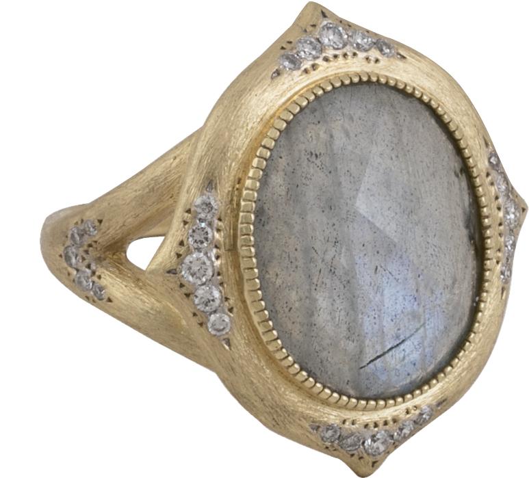 Jude Frances’ 18K gold, labradorite, and diamond (.23 total cts.) Moroccan ring from Croghan’s Jewel Box ($2,560)