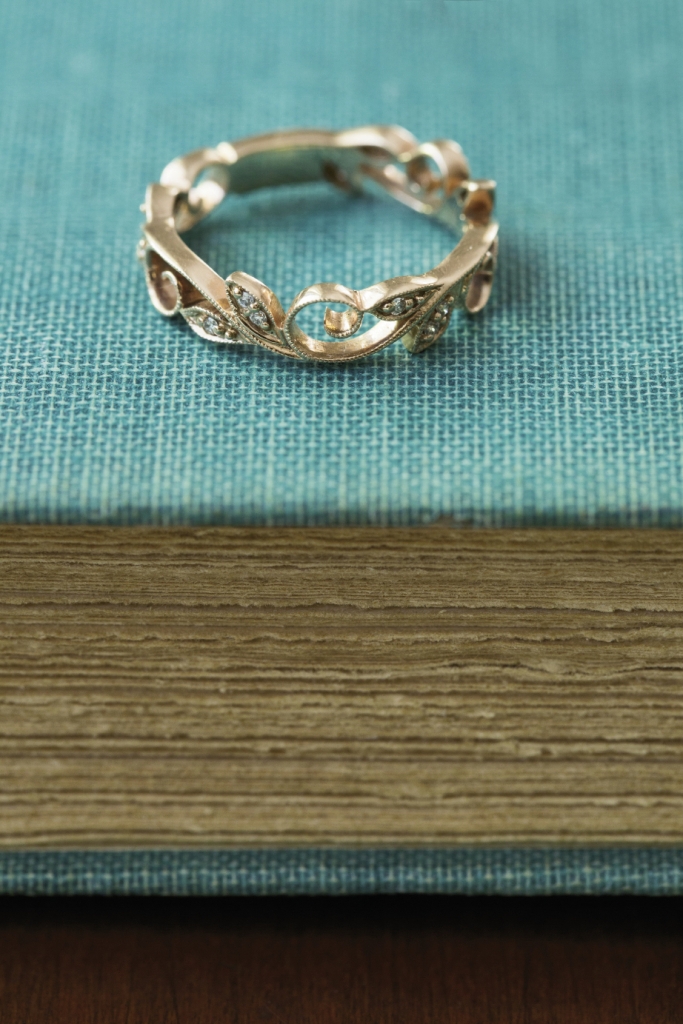 14K rose gold band with leaf and vine designs and diamonds (.10 total cts.), $1,300 from Polly’s Fine Jewelry