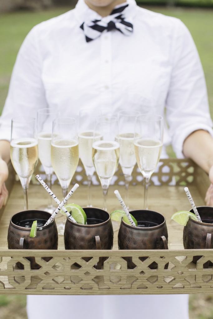 BLACK &amp; WHITE: Caterers served Moscow Mules with birch tree-patterned paper straws.