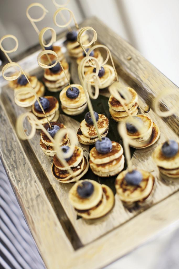 MINI DELIGHTS: Fish Restaurant served tapas-style versions of the couple’s favorite brunch foods, like these bite-sized blueberry pancakes.
