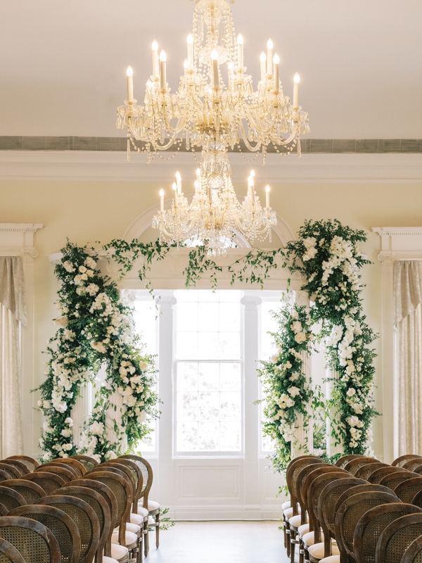 A crisp green-and-white palette complemented the stately South Carolina Society Hall.