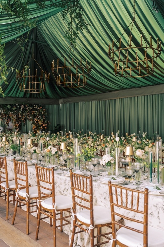 Anne Flanigan and George Matelich married last May in a celebration steeped in Charleston history; inspiration for the enchanting, luxurious dinner tent began with the floral Stradley Davidson tablecloth.