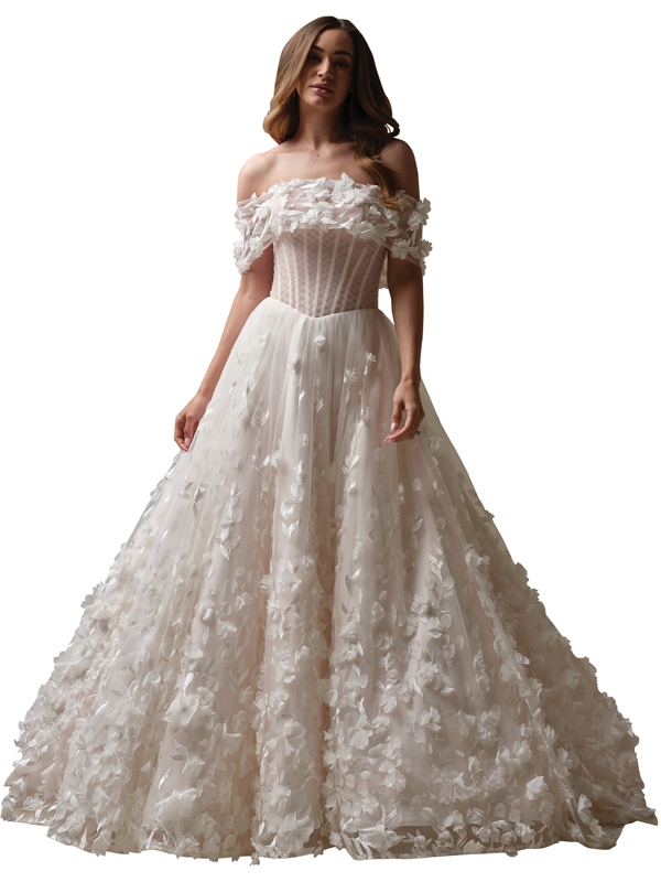 Sottero and Midgley “Zayne” ball gown with 3-D oral lace skirt and shoulder wrap and pleated tulle illusion bodice in “ivory over blush,” $2,650 at Verità.