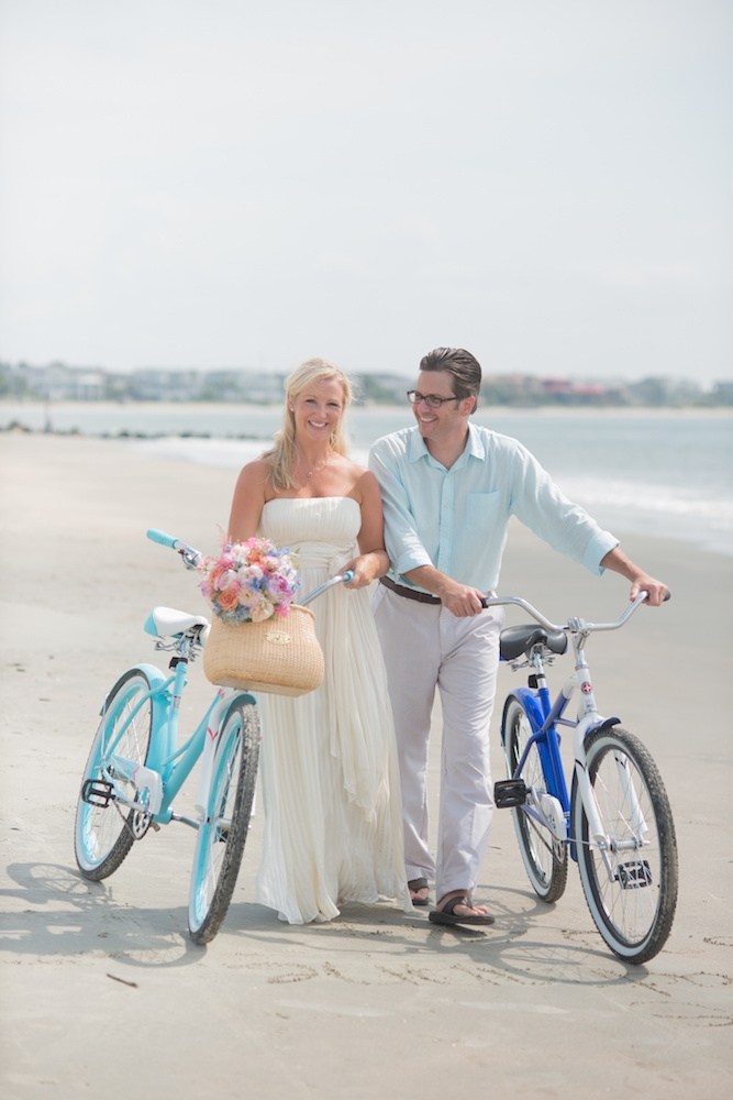 Bikes owned by couple. Bride&#039;s gown by BCBG. Menswear  Menswear by Tommy Hilfiger and from Belk. Image by Leigh Webber Photography at Station 30 on Sullivan&#039;s Island.