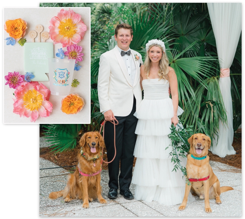 Gone to the Dogs - Can’t picture the big day without your pets? Read on to explore how real couples, like Elijah and Sabrina Pinkard (pictured here with their dogs Presley and Barkley), have incorporated  them in everything from commemorative barware (inset) to the wedding procession.