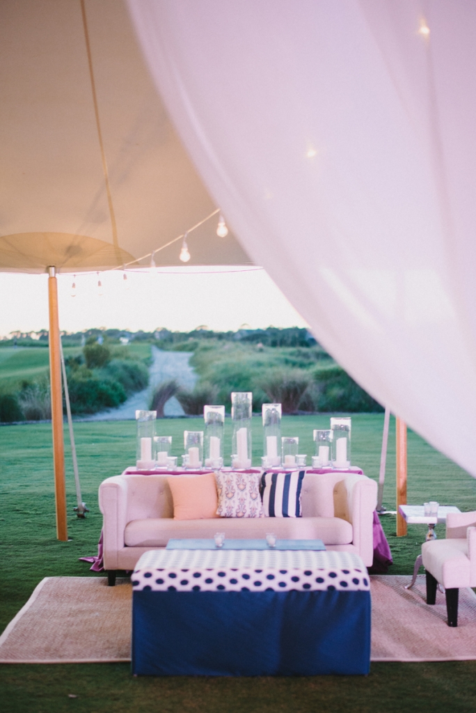 Wedding design by A Charleston Bride. Custom fabrics designed by Blue Glass Design. Lighting by Technical Event Company. Photograph by Sean Money &amp; Elizabeth Fay at the Ocean Course at Kiawah Island.