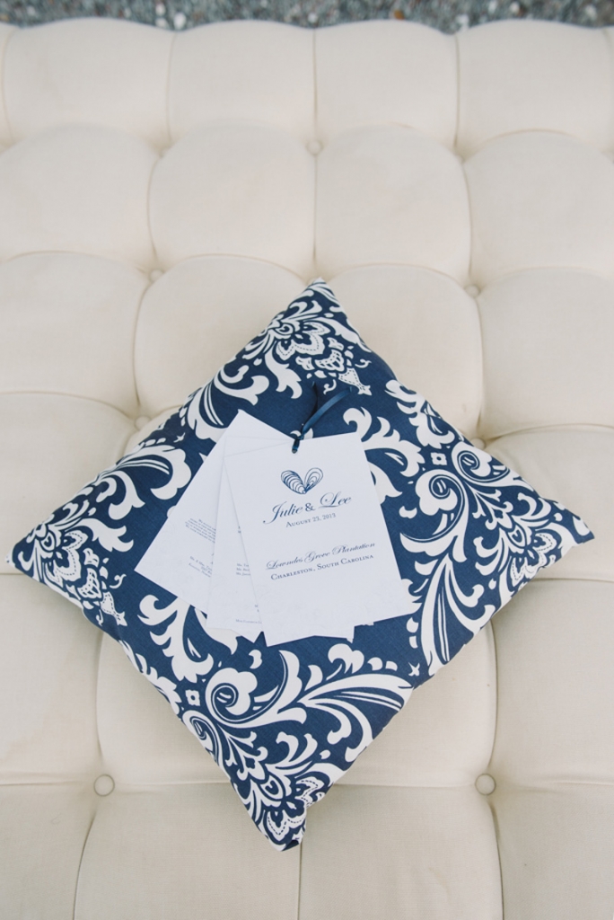 Ceremony programs by Sweet Magnolia Paper. Décor rentals from Ooh! Events. Photograph by Sean Money + Elizabeth Fay. Photograph by Sean Money + Elizabeth Fay at Lowndes Grove Plantation.