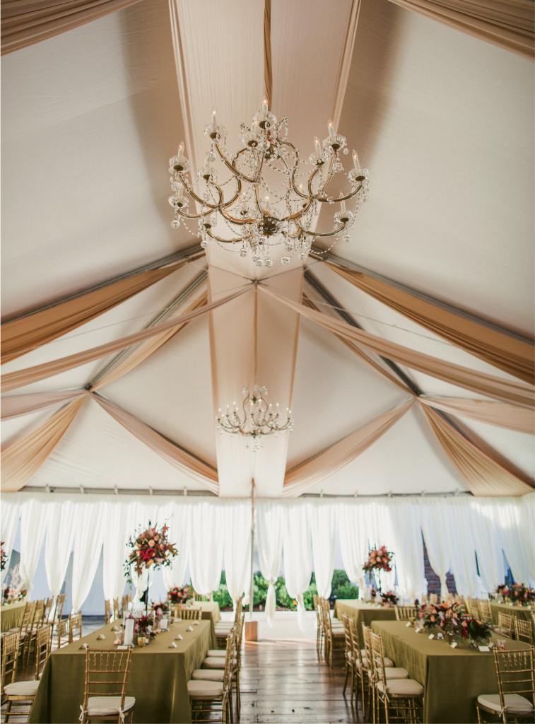 Blush and copper draping and crystal chandeliers created a dreamy tentscape. (Image by Juliet Elizabeth Photography)