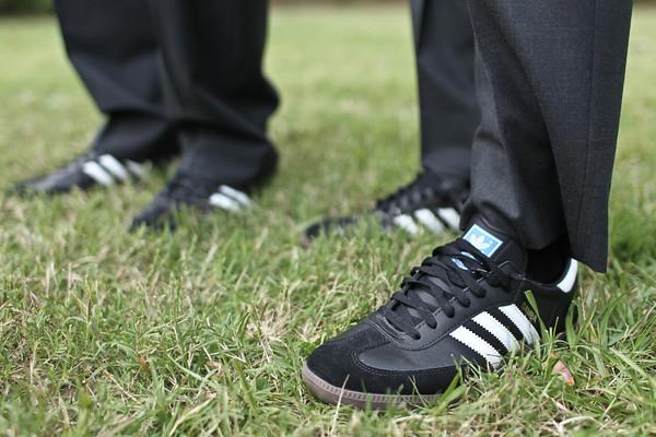 KICKIN’ AROUND: The groomsmen were all outfitted with Adidas Sambas, and Kiften’s dad took a particular liking to the indoor soccer shoes. Laughs Kiften, “My dad thought they were the coolest! He wears them all the time now.”