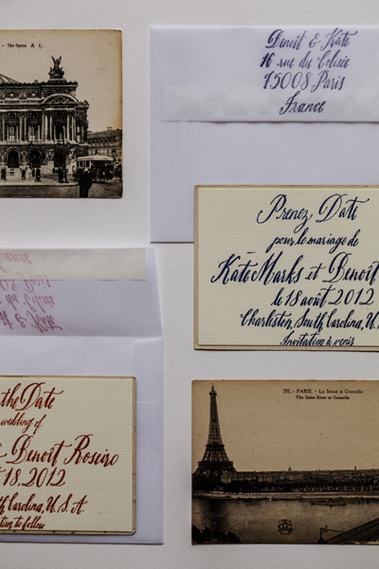 CULTURAL INTRODUCTION: “We glued a card with our save-the-date information on the back of vintage Parisian postcards and mailed them in velum envelopes,” says Kate. “That way so the postcard showed through just enough to give a hint of what was inside.”