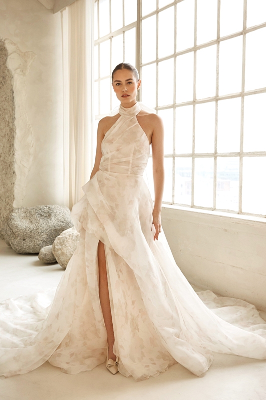 Martina Liana Luxe printed Italian silk organza ball gown with halter neckline and slit skirt in “blush” (style LE1332), $7,200 at Gown Boutique of Charleston.