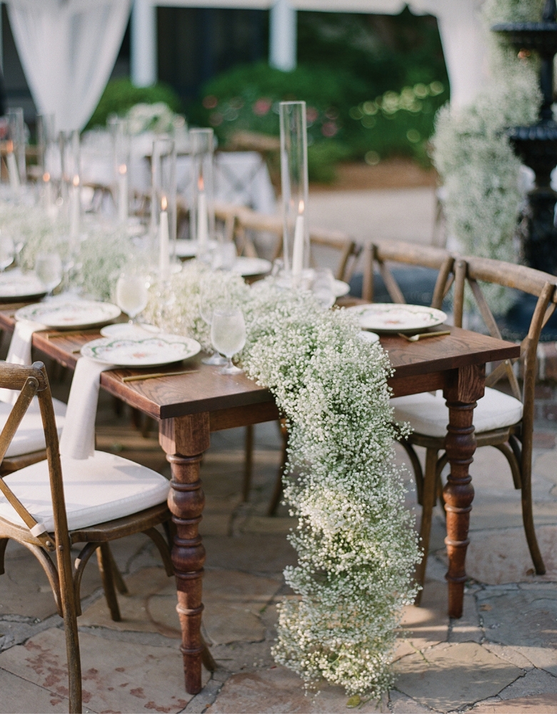 Farm tables set with vintage china chargers and doused in baby’s breath spelled garden party chic, a theme echoed in the subtle floral overlay of Meg’s Lela Rose Bridal gown and elegant orchid bouquet.