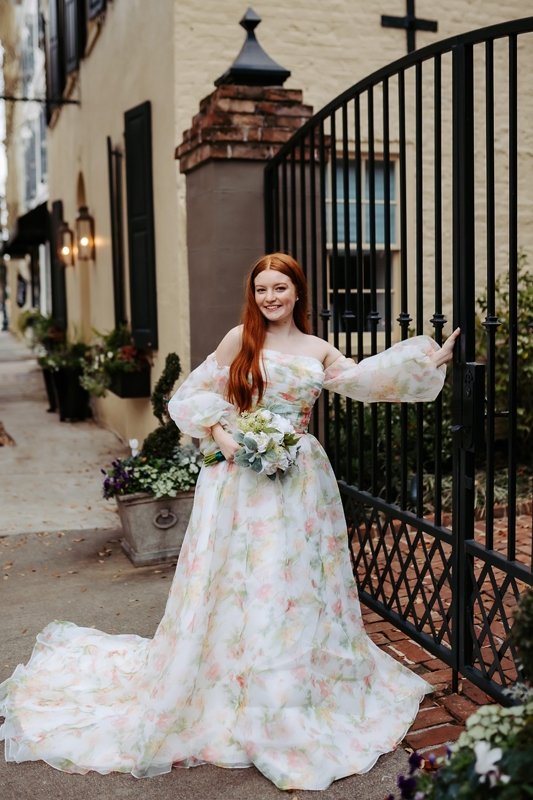 Moonlight Collection A-line strapless gown with chapel train and detachable puffed sleeves in printed organza (style J6893), $2,800 at Magnolia Bride.