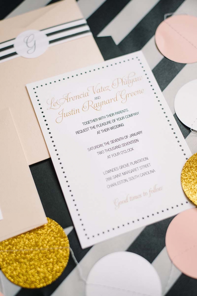 “I sometimes struggled with the bows, polka dots, and stripes­,” she says. “I wanted all of them but not in any way resembling a birthday party.” The invitations gave Nisha a clear idea of what should carry into the reception.   &lt;i&gt;Image by Aaron &amp; Jillian Photography&lt;/i&gt;