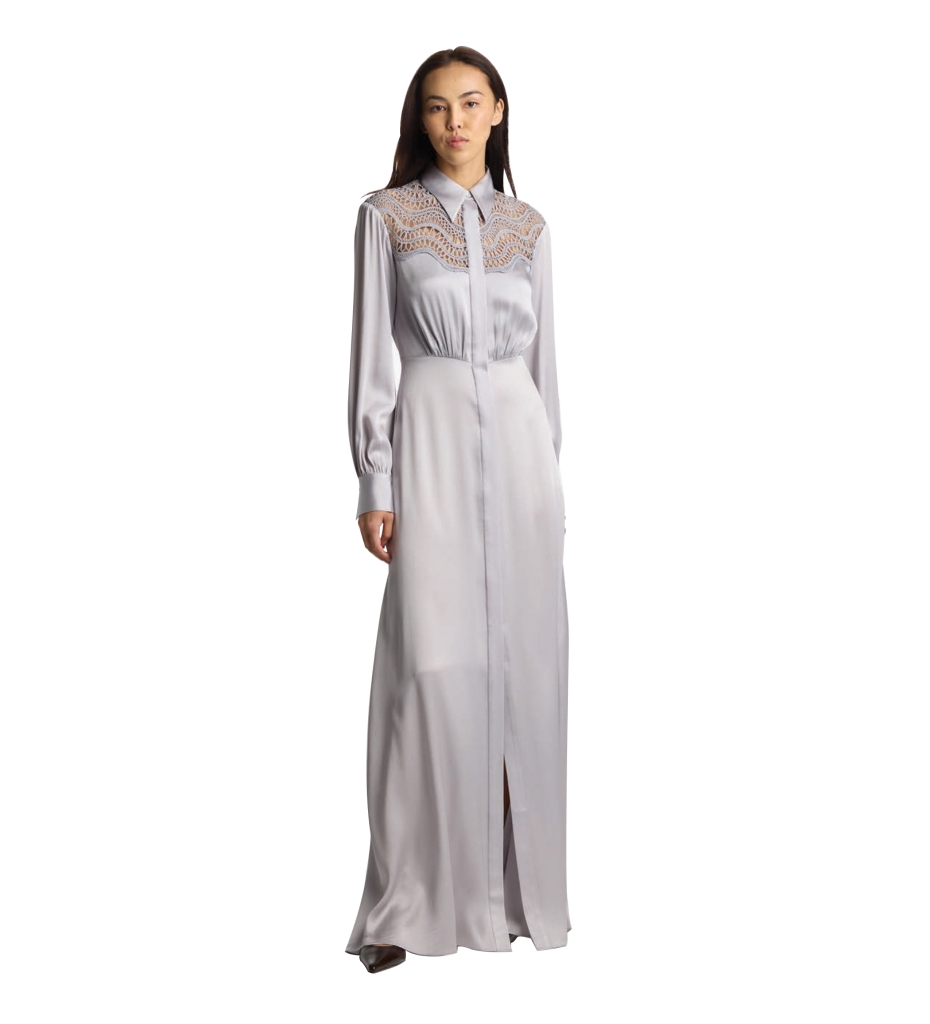 Platinum Elegance - St. John Western-style, Italian satin gown with lace inset, $2,495 at St. John