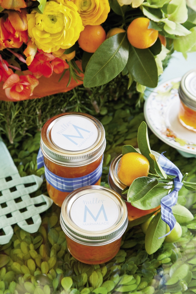 SWEET IDEA: Calamondin marmalade favors were accented with the couple’s initial,
