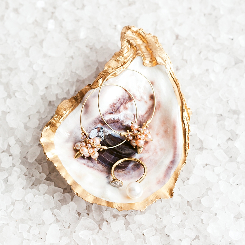 Ted Muehling’s pink pearl earrings from RTW (price upon request). Pavé diamond (.07 total cts.) and pearl gold ring from Diamonds Direct ($880). “The Charleston Oyster Dish” from Miller and Mare ($22).   &lt;i&gt;Photograph Gayle Brooker&lt;/i&gt;