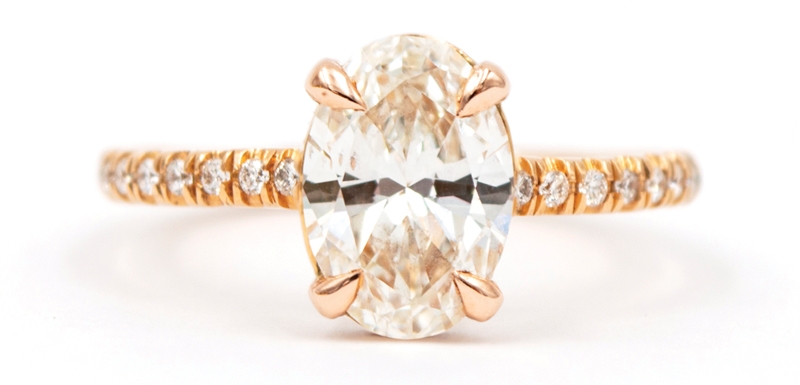 1.33-carat oval diamond in 14K rose-gold and diamond band with hidden halo (price upon request) from Sandler’s Diamonds &amp; Tim