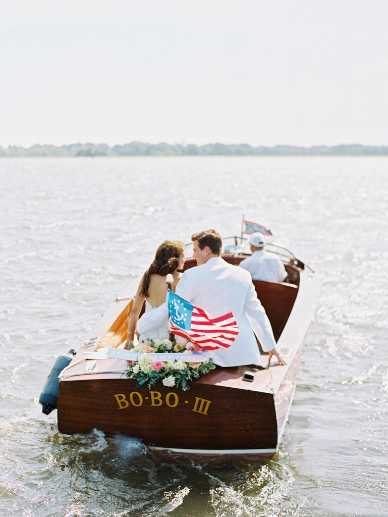 Getaway boat from Classic Boat Charleston. Image by Ryan Ray Photography at Lowndes Grove Plantation.