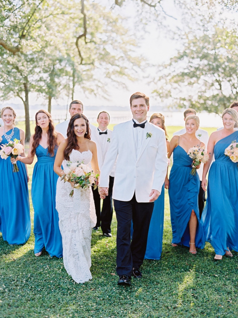 Bride&#039;s gown by Anne Barge, available in Charleston through White on Daniel Island. Bridesmaid gowns by Alfred Angelo, available in Charleston through Bridals by Jodi. Groom&#039;s attire from Mens Wearhouse. Image by Ryan Ray Photography at Lowndes Grove Plantation.