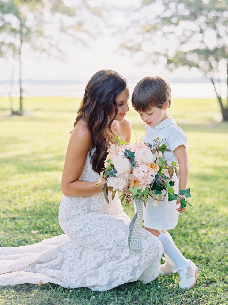 Bride&#039;s gown by Anne Barge, available in Charleston through White on Daniel Island. Ring bearer&#039;s attire by Florence Eiseman. Image by Ryan Ray Photography at Lowndes Grove Plantation.