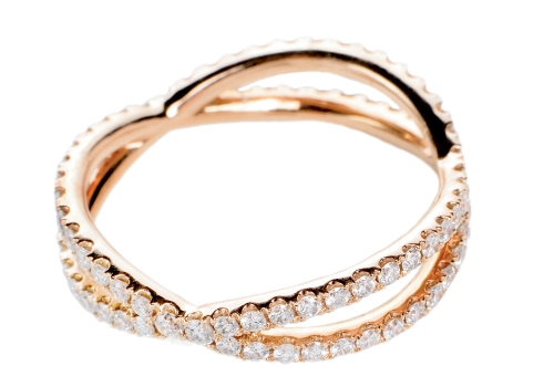 Rosy Times: 18K rose gold ring with pavé diamonds(.65 total ct.) Paulo Geiss Jewelers, $4,000