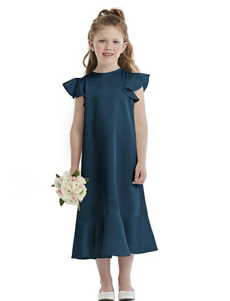 All Aflutter - Dessy charmeuse flutter-sleeve dress with ruffle hem in “dusk blue,” $189 at Bella Bridesmaids