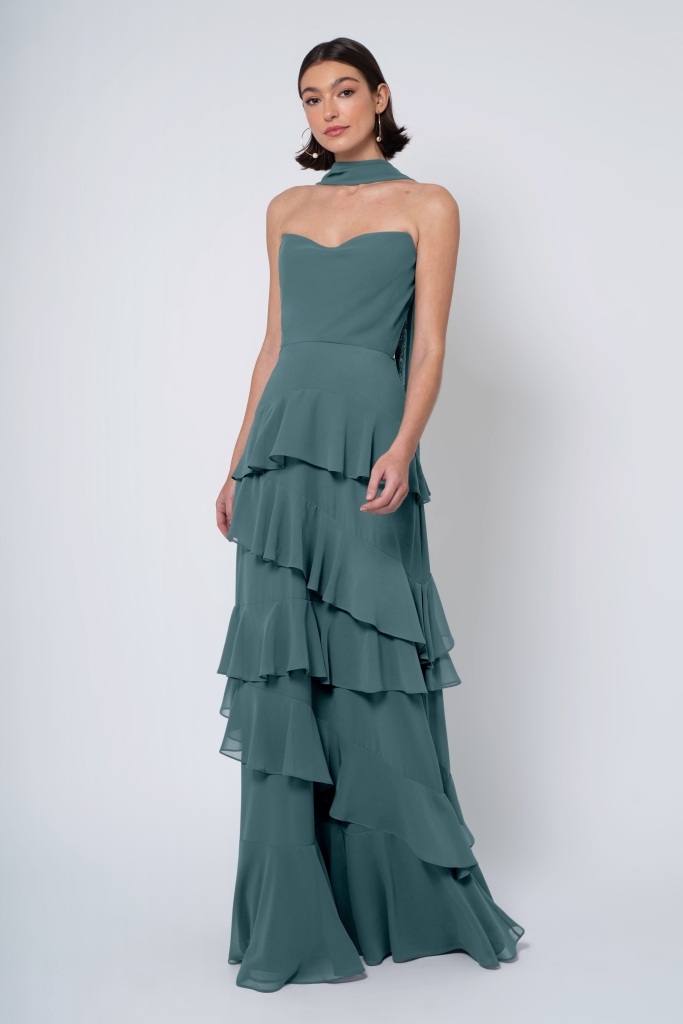 Airy Chiffon - Jenny Yoo “Simona” strapless dress and scarf in “Mayan blue,” $320 at Bella Bridesmaids