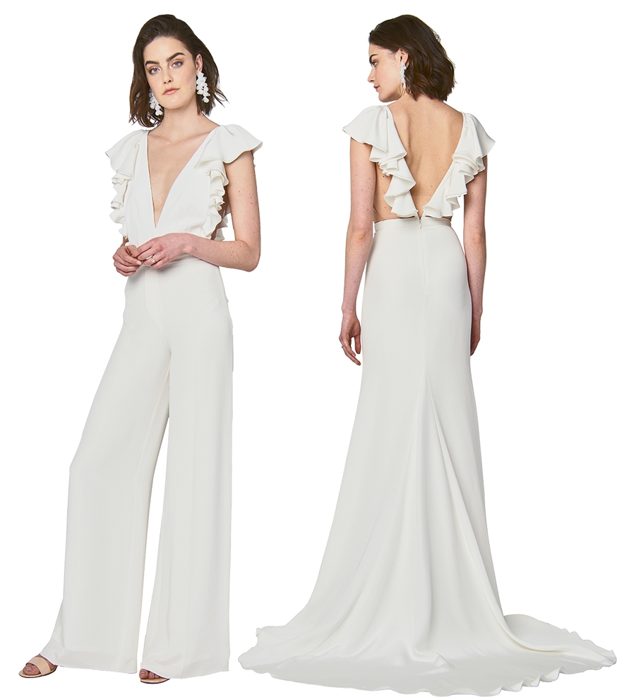 Flirty Ruffles - Looks: “Lucy” bodysuit with “Harlow” slacks (near right) and “Lucy” gown (far right), all by Alexandra Grecco Boutique: Lovely Bride